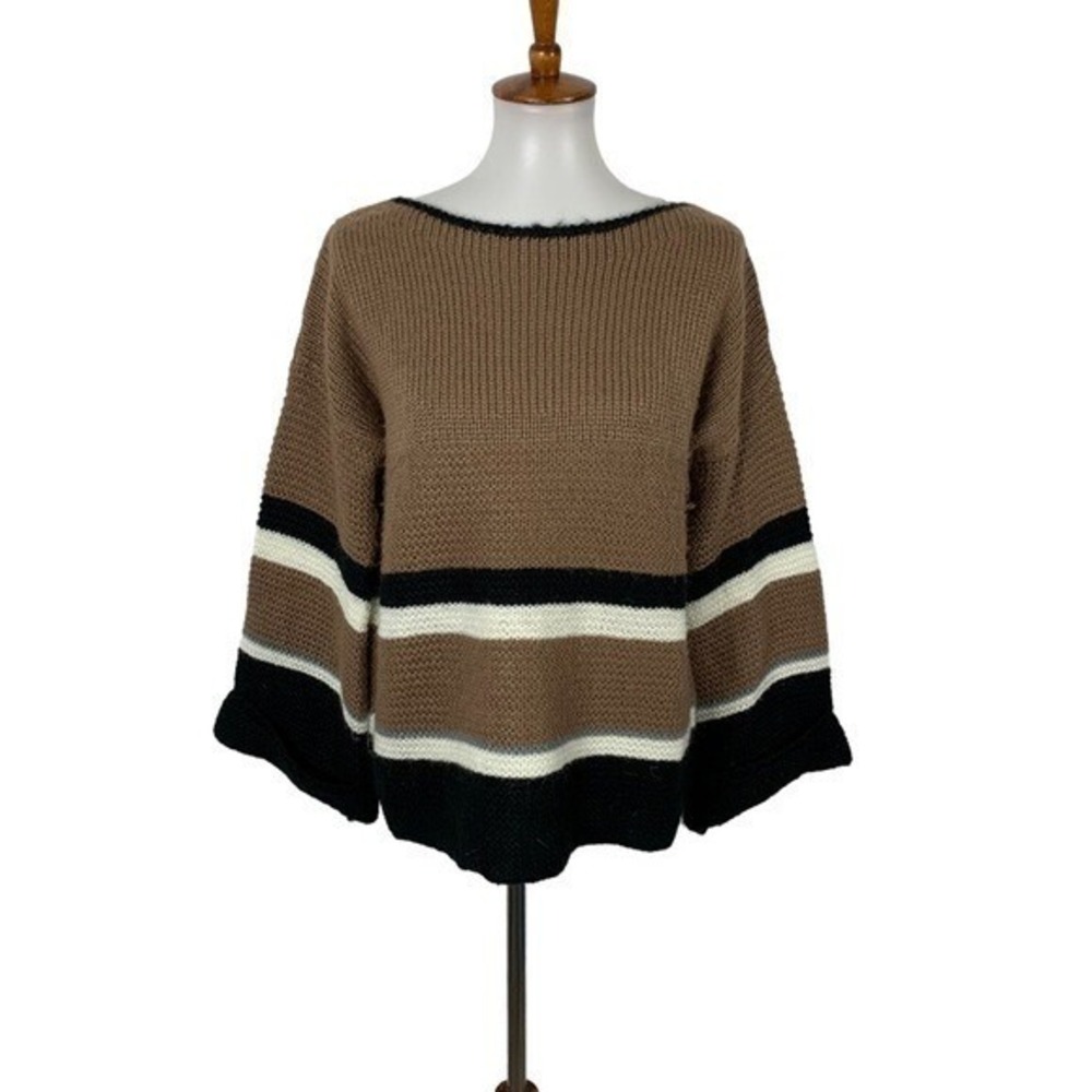 Lumiere Large Boho Chunky Knit Striped Bell Sleeve Sweater Oversized Cozy Top
